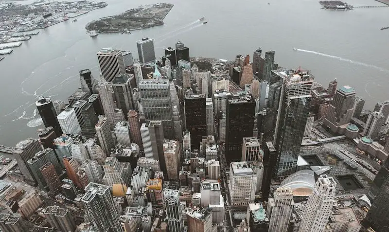 Lower Manhattan as seen through open door helicopter ride